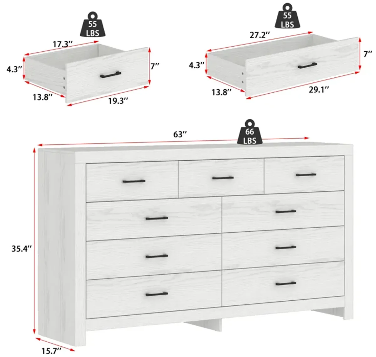 FUFU&GAGA 9-Drawer Rustic Dresser with Vintage Charm, Durable Build, (63" W x 15.7" D x 35.4" H), Brown