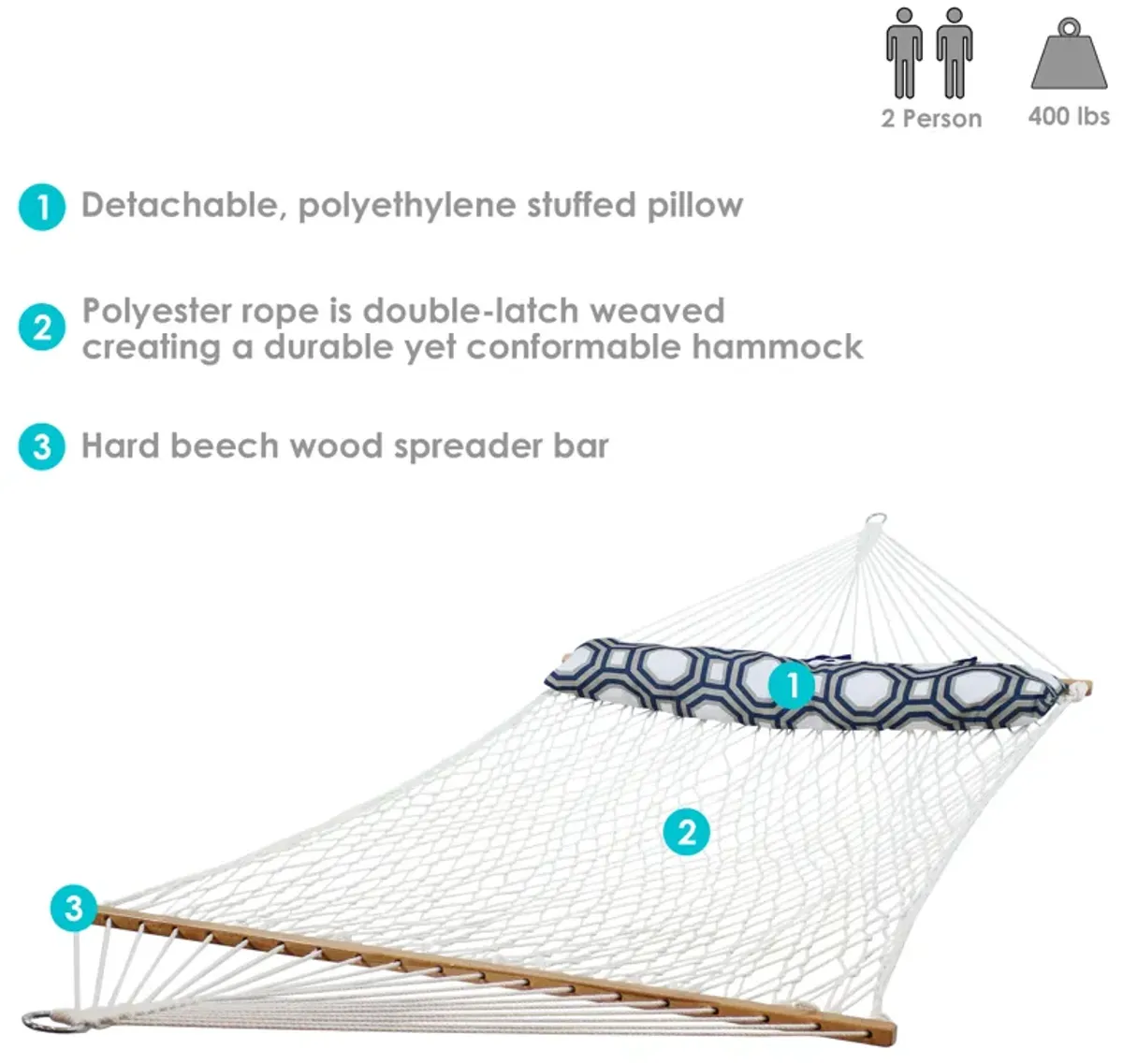 Sunnydaze Large Polyester Rope Hammock with Spreader Bar and Pillow - White