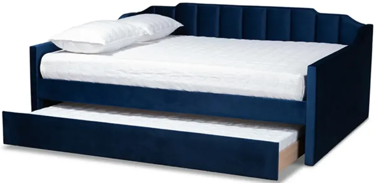 Baxton Studio Lennon Modern and Contemporary Navy Blue Velvet Fabric Upholstered Full Size Daybed with Trundle