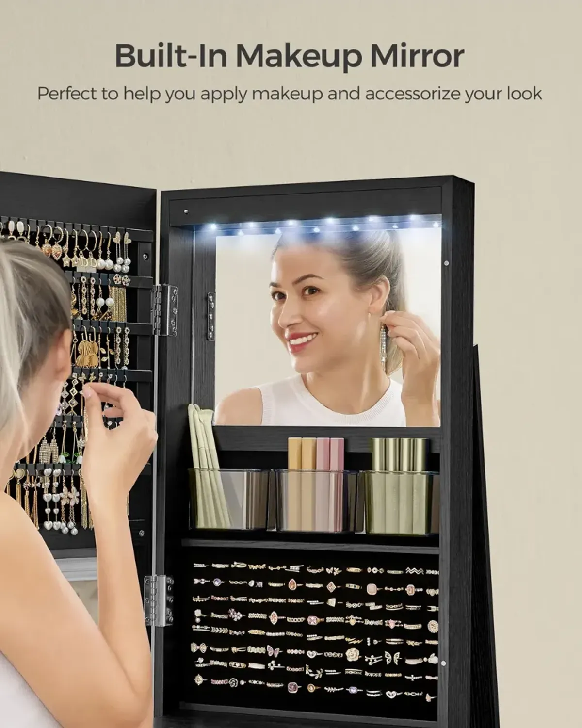 360° Swivel Lockable Jewelry Armoire with 6 LEDs, Frameless Full-Length Mirror, and 3 Storage Shelves