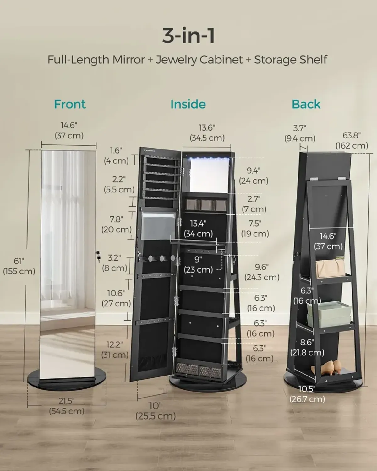 360° Swivel Lockable Jewelry Armoire with 6 LEDs, Frameless Full-Length Mirror, and 3 Storage Shelves