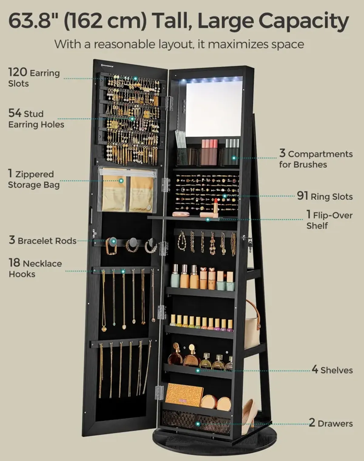 360° Swivel Lockable Jewelry Armoire with 6 LEDs, Frameless Full-Length Mirror, and 3 Storage Shelves