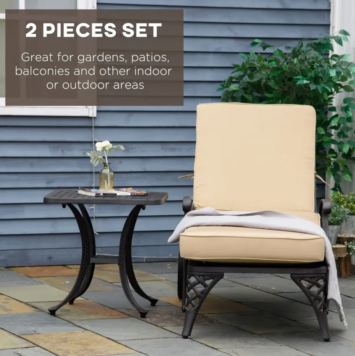 Beige Patio Set: Foldable Aluminum Chaise Lounge with Side Table