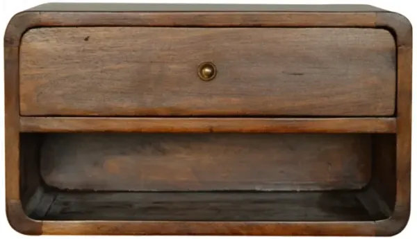 Curved Chestnut Wall Mounted 1 Drawer with Open Slot Solid Wood Nightstand