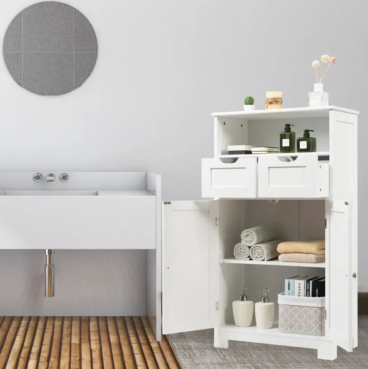 Bathroom Wooden Side Cabinet  with 2 Drawers and 2 Doors