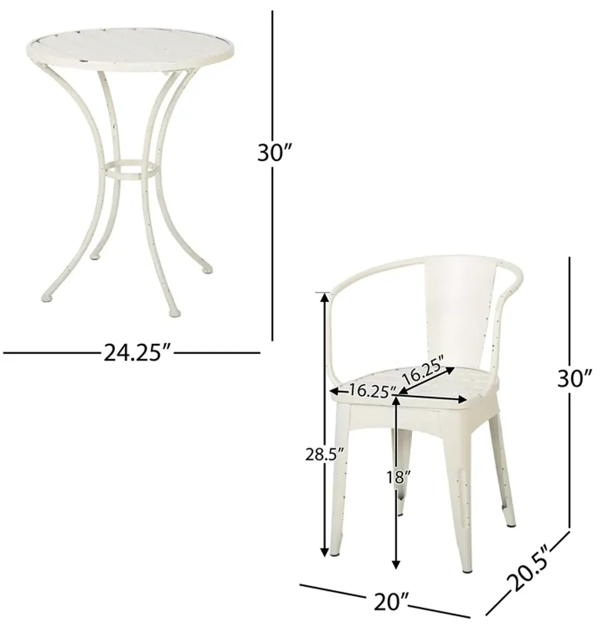 Rune 3 Piece Outdoor Dining Set, 1 Round Table, 2 Chairs, White Iron - Benzara