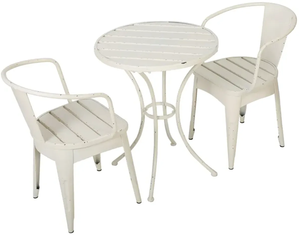 Rune 3 Piece Outdoor Dining Set, 1 Round Table, 2 Chairs, White Iron - Benzara