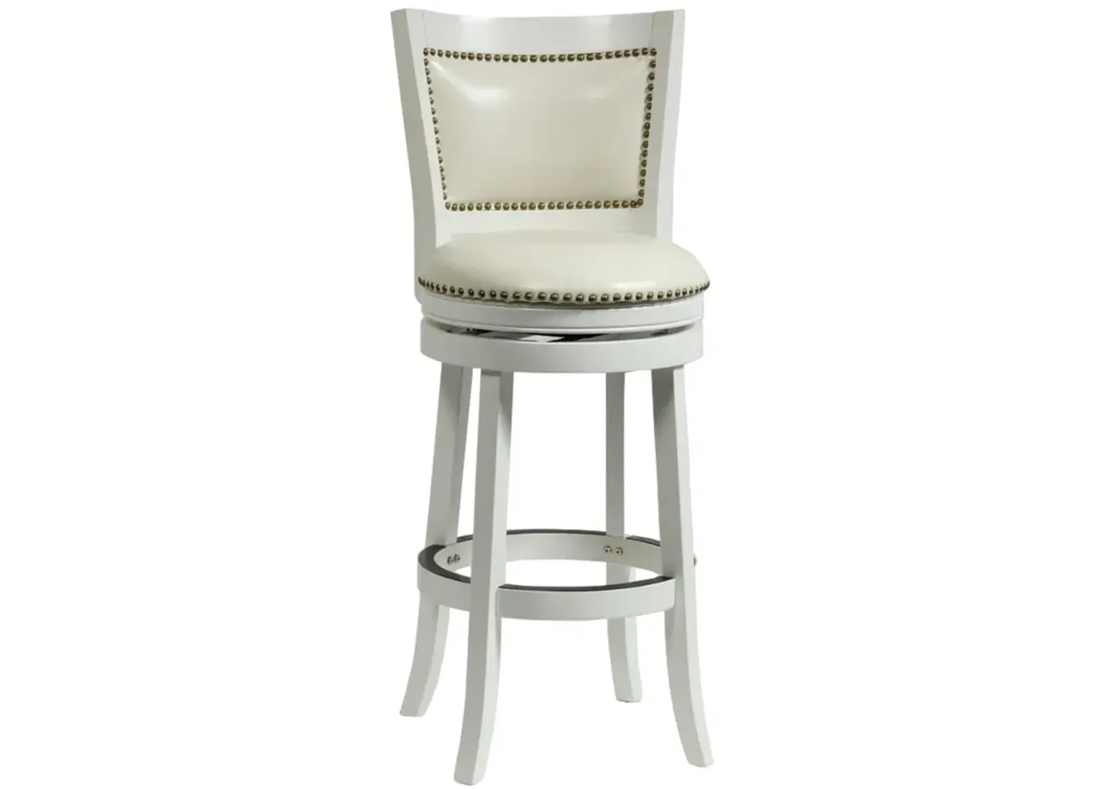 Nailhead Trim Round Leatherette Barstool with Flared Legs, White-Benzara