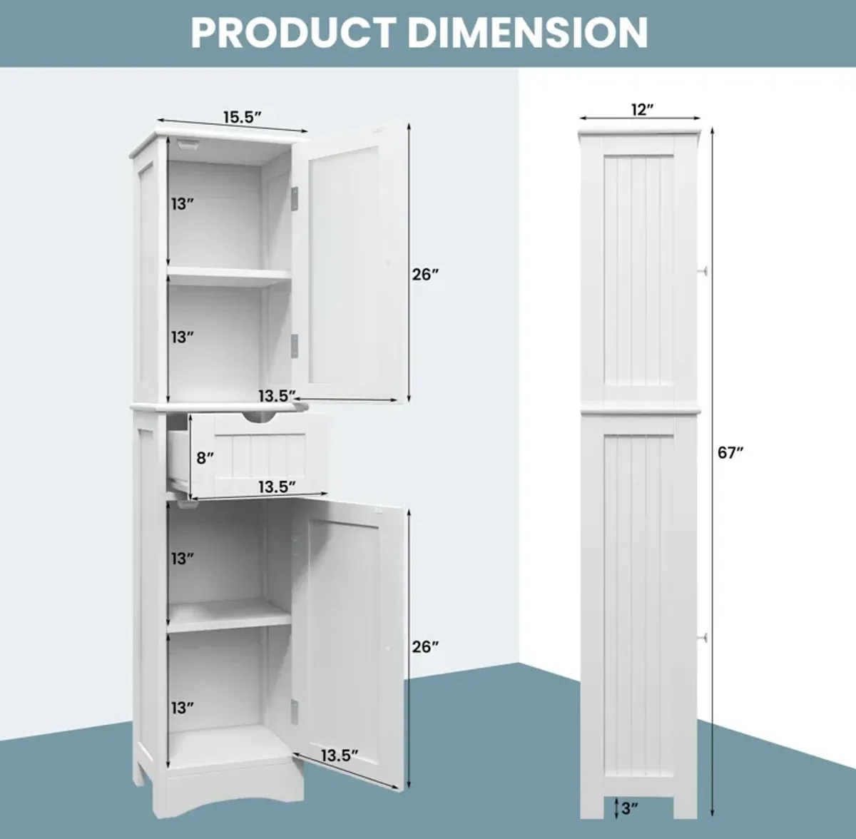 Tall Floor Storage Cabinet with 2 Doors and 1 Drawer for Bathroom