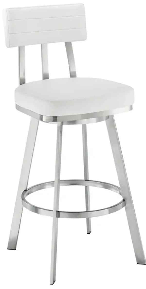 Poni 26 Inch Swivel Counter Stool Chair, Cushioned Seat, White Faux Leather - Benzara