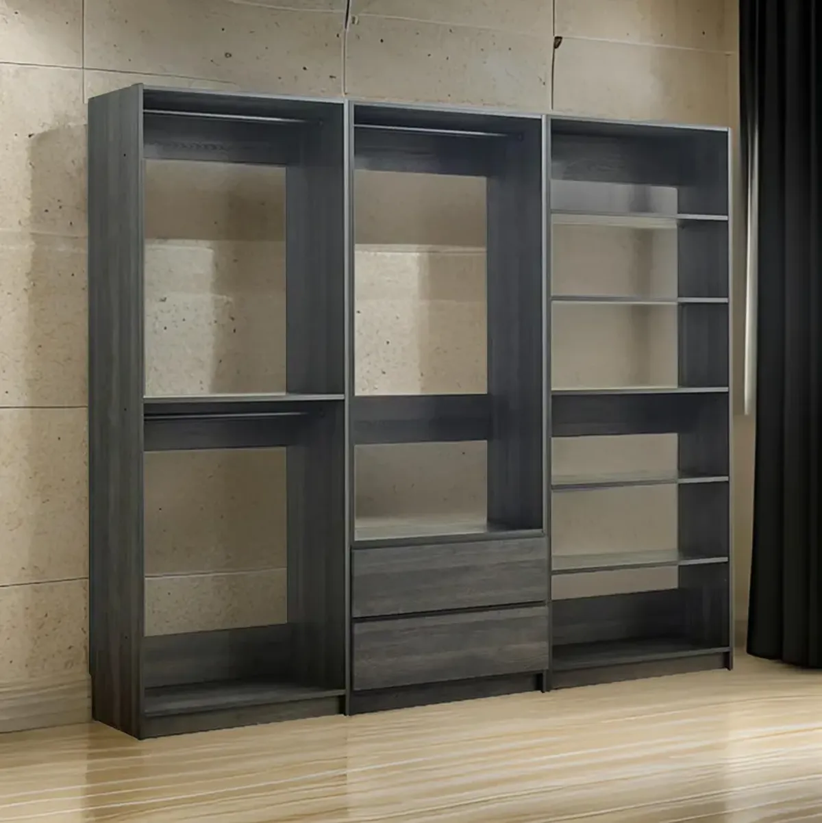 Dee Modular Closet System, 5 Floating Shelves, 2 Drawers, Dark Gray Wood - Benzara