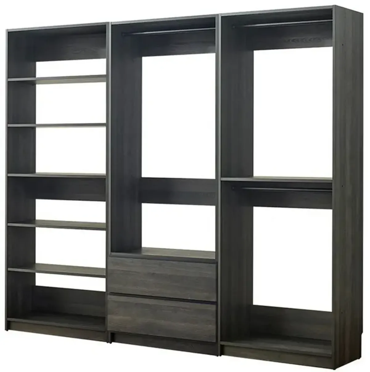 Dee Modular Closet System, 5 Floating Shelves, 2 Drawers, Dark Gray Wood - Benzara