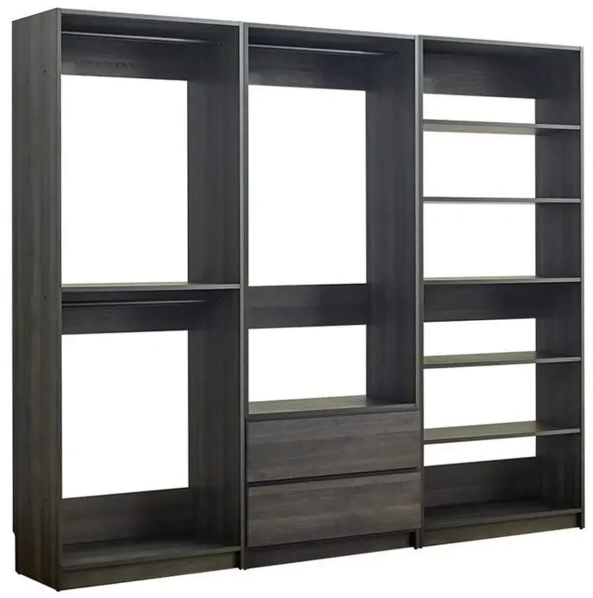 Dee Modular Closet System, 5 Floating Shelves, 2 Drawers, Dark Gray Wood - Benzara