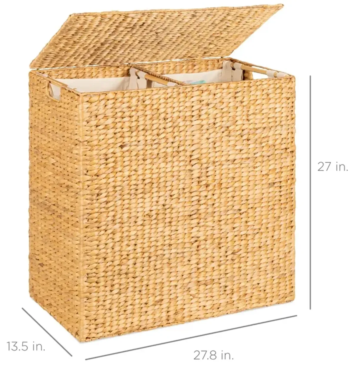 Hivvago Natural 2-Bin Handwoven Hyacinth Linen Liner Laundry Hamper w/ Handles