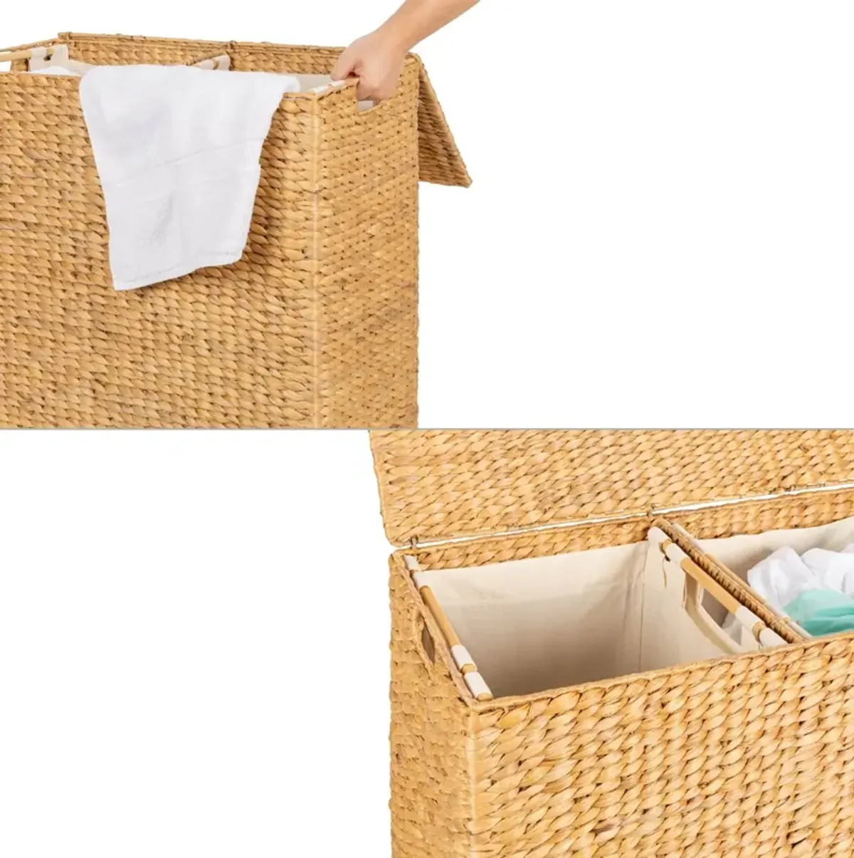 Hivvago Natural 2-Bin Handwoven Hyacinth Linen Liner Laundry Hamper w/ Handles