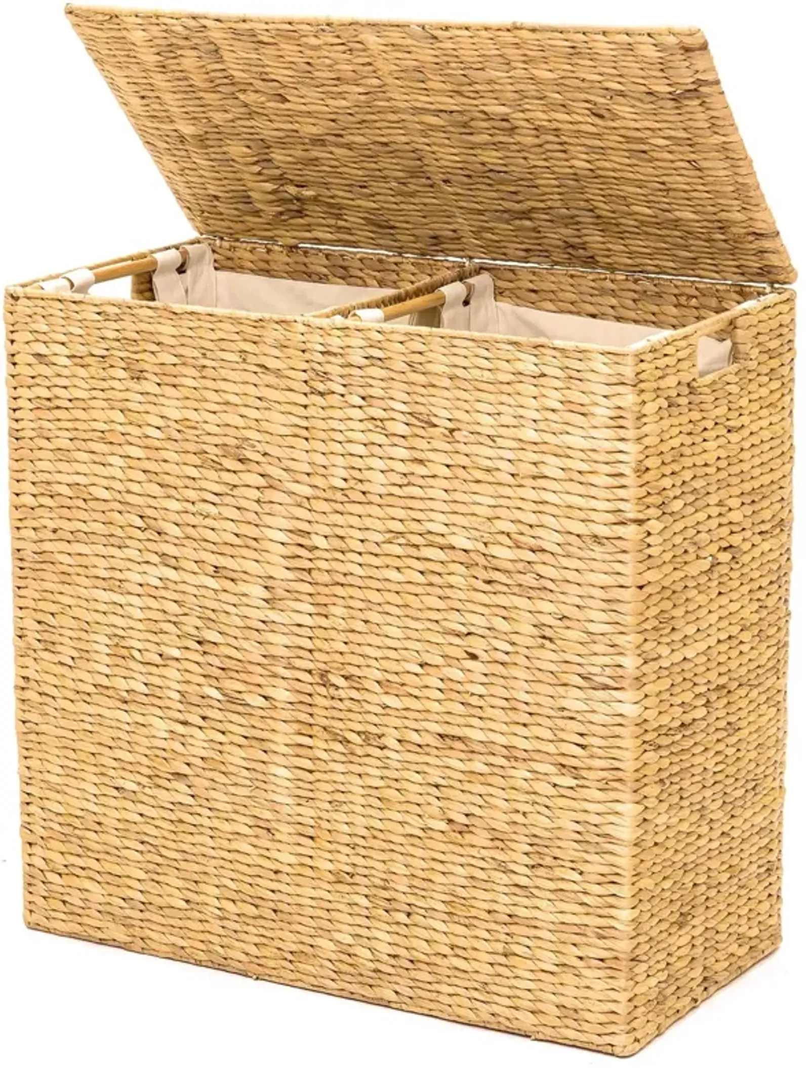 Hivvago Natural 2-Bin Handwoven Hyacinth Linen Liner Laundry Hamper w/ Handles