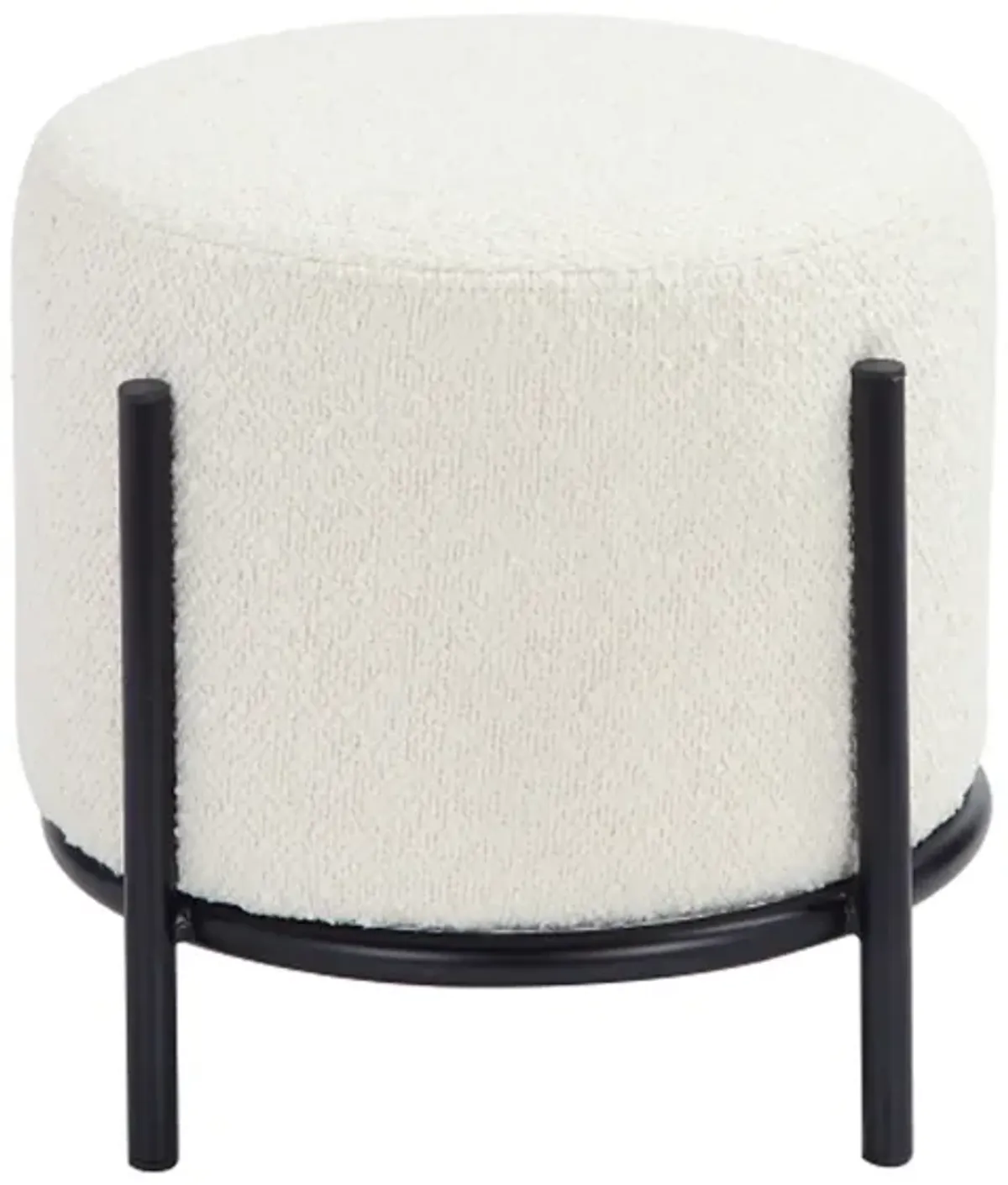 Aop 13 Inch Boucle Ottoman Stool, Round Cushioned Seat, White Boucle, Black - Benzara