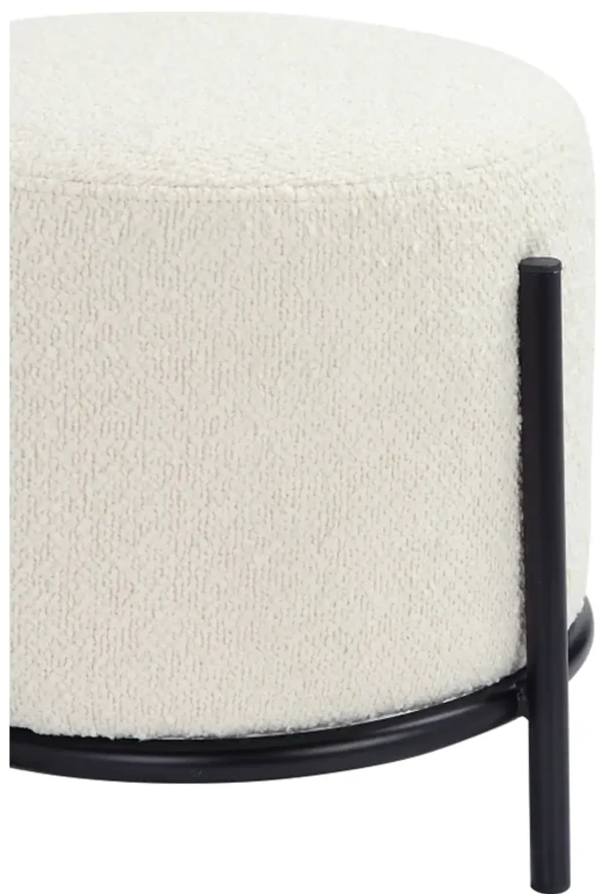 Aop 13 Inch Boucle Ottoman Stool, Round Cushioned Seat, White Boucle, Black - Benzara