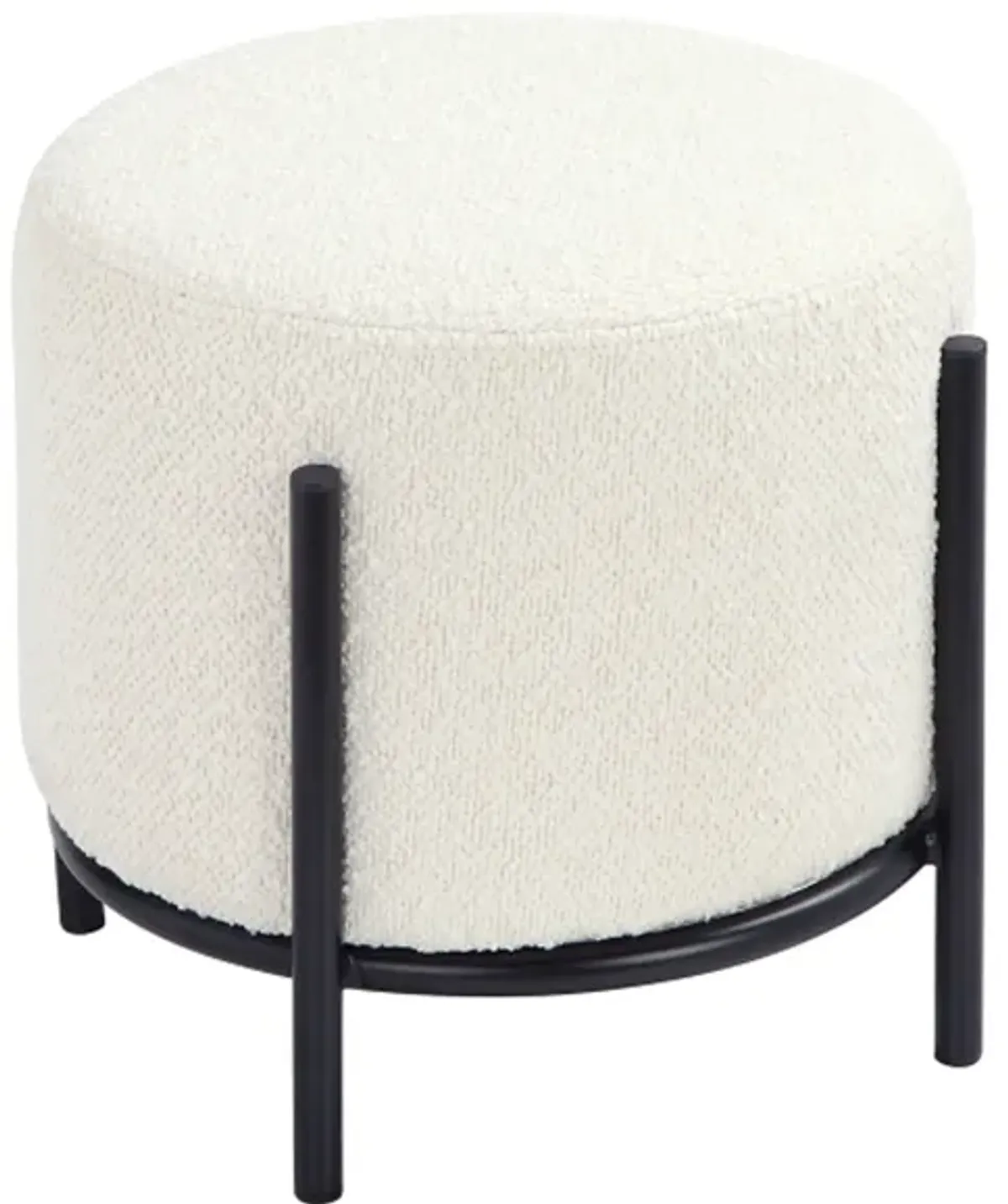 Aop 13 Inch Boucle Ottoman Stool, Round Cushioned Seat, White Boucle, Black - Benzara