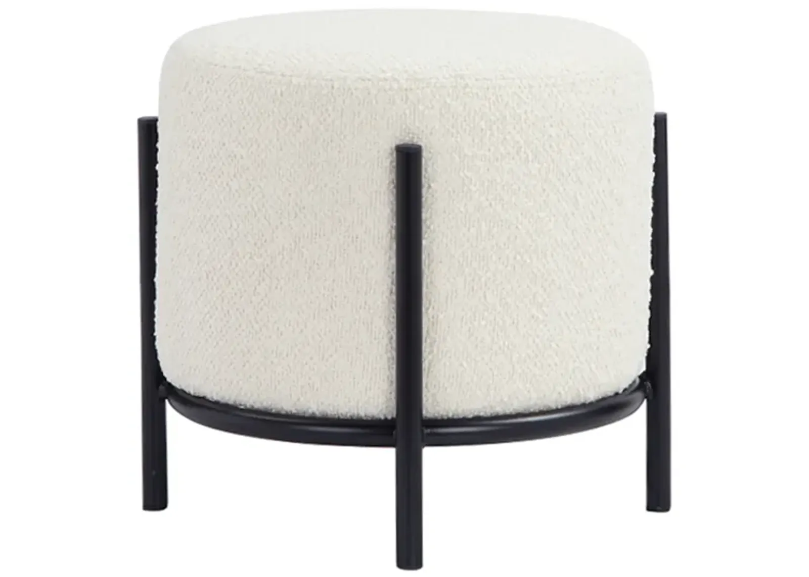 Aop 13 Inch Boucle Ottoman Stool, Round Cushioned Seat, White Boucle, Black - Benzara