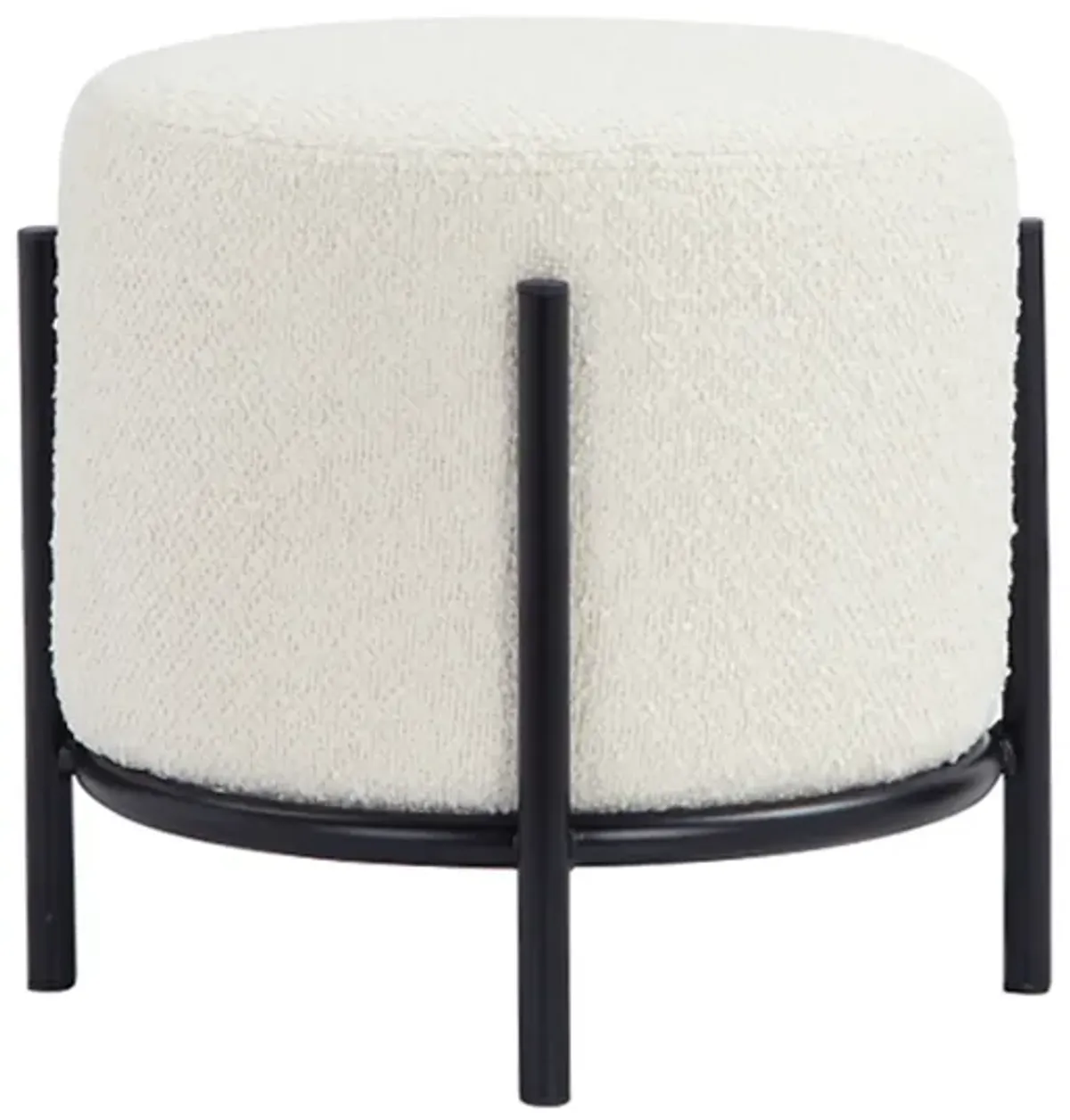 Aop 13 Inch Boucle Ottoman Stool, Round Cushioned Seat, White Boucle, Black - Benzara