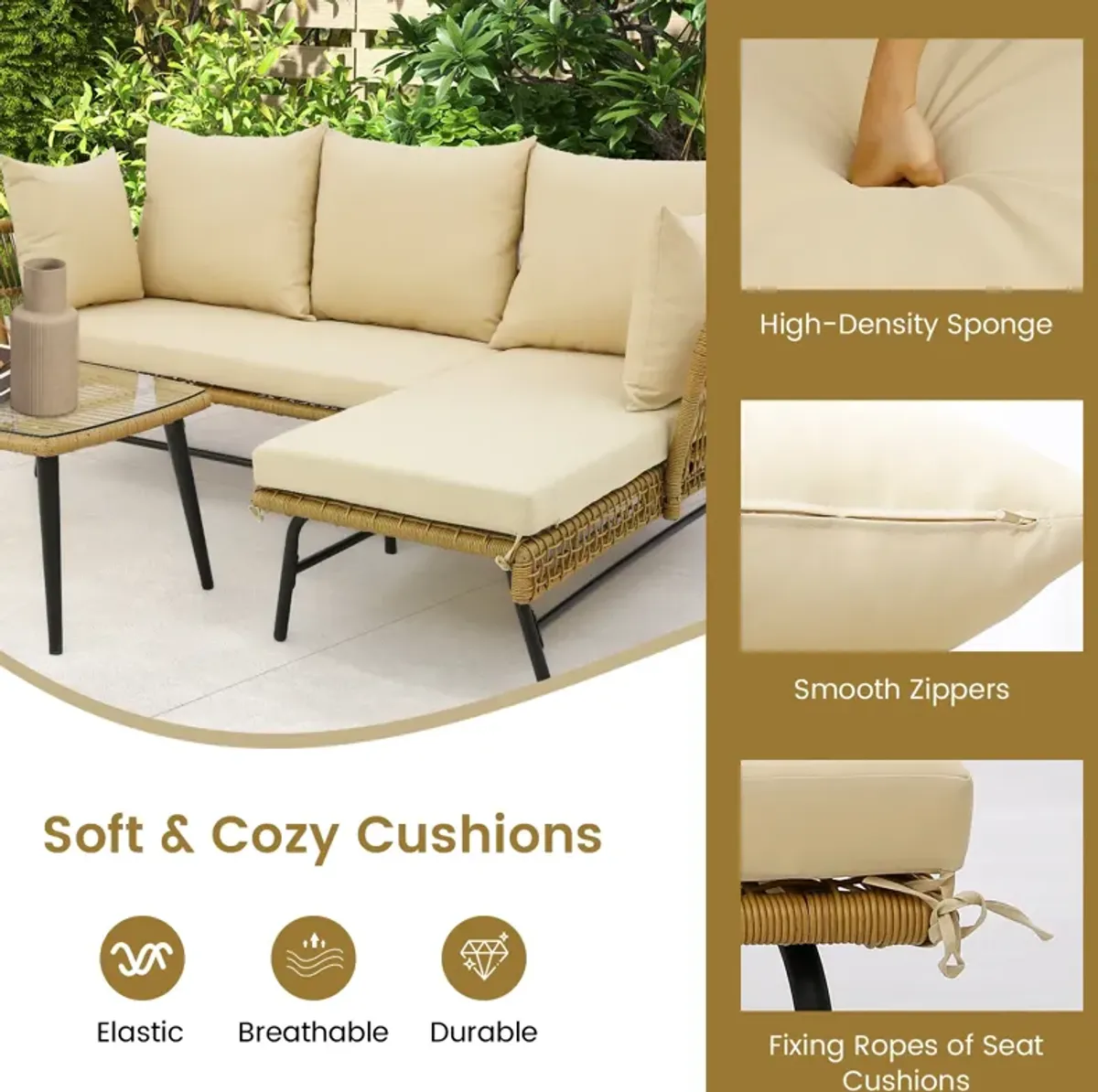 3 Pieces L-Shaped Patio Sofa with Cushions and Tempered Glass Table-Beige