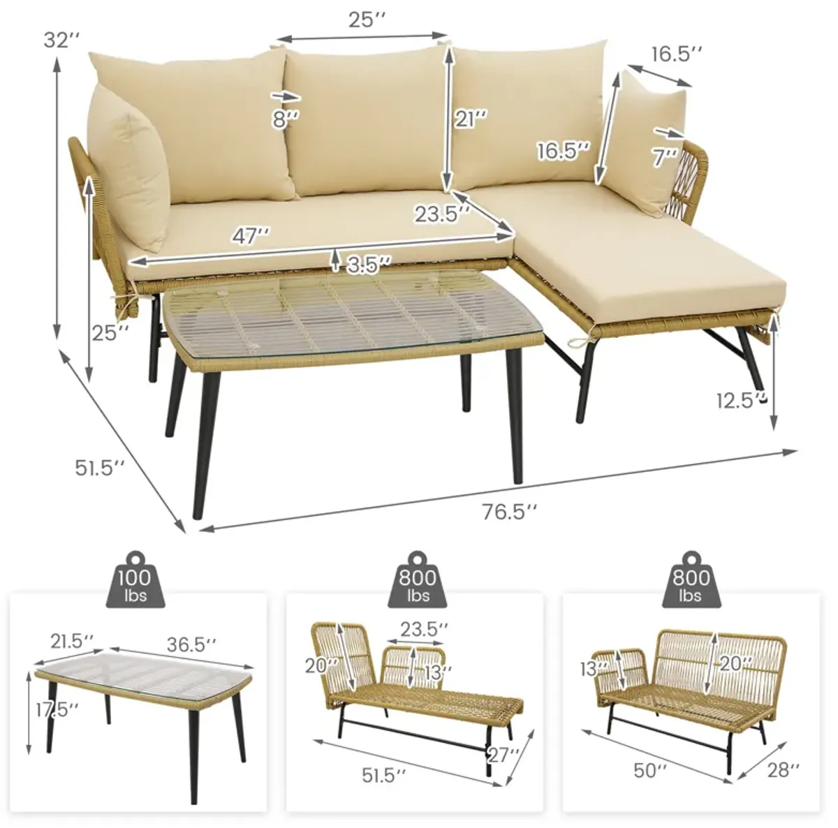 3 Pieces L-Shaped Patio Sofa with Cushions and Tempered Glass Table-Beige