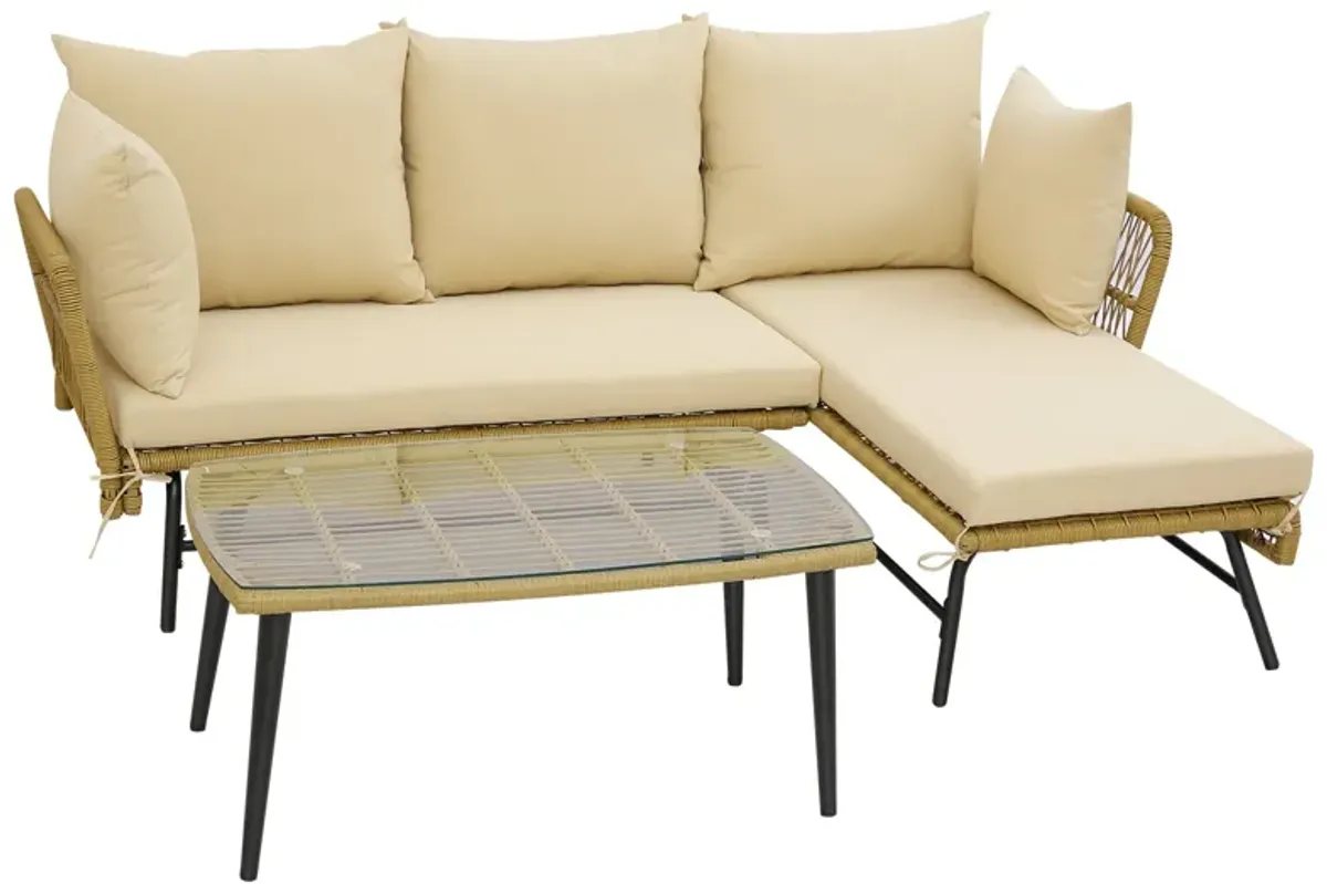 3 Pieces L-Shaped Patio Sofa with Cushions and Tempered Glass Table-Beige