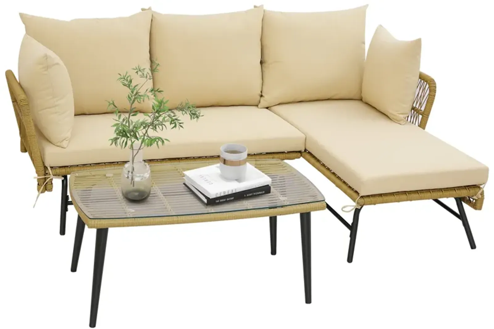 3 Pieces L-Shaped Patio Sofa with Cushions and Tempered Glass Table-Beige