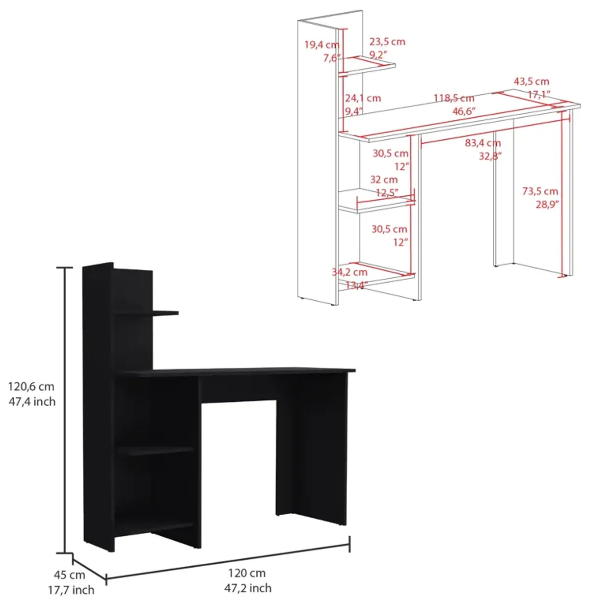 Vilna 120 Writing Desk , Four Shelves -Black