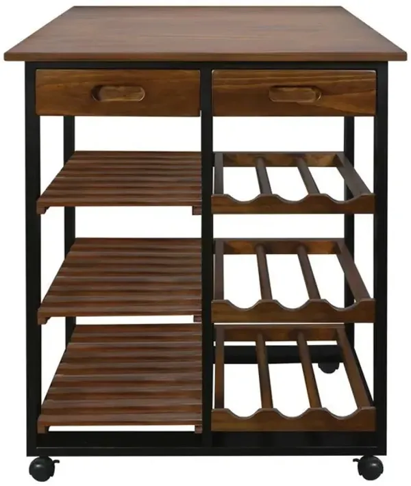 Solid Wood 28" Wide Rolling Kitchen Island Trolley with Wine Rack and Drawer