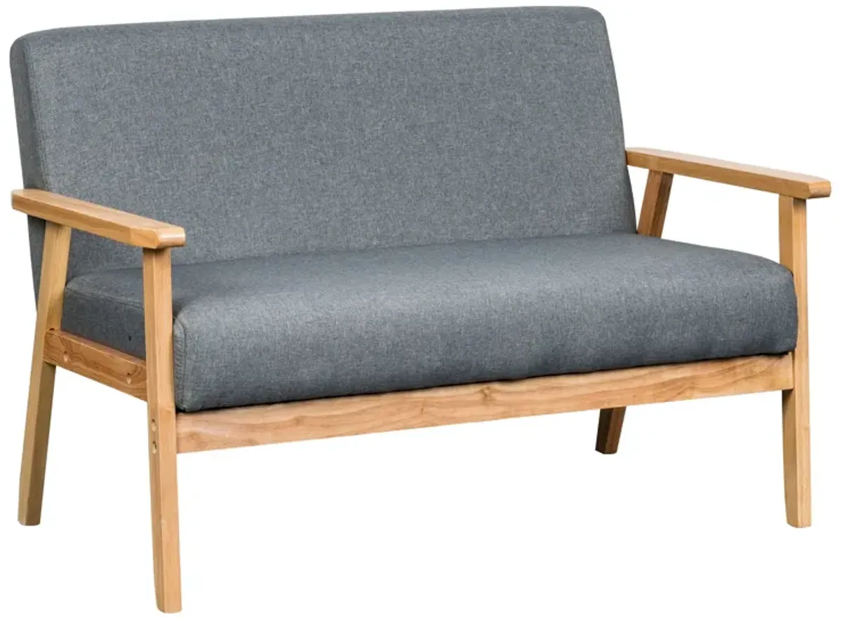 Gala 45 Inch Modern Loveseat Bench, Gray Fabric, Natural Brown Wood Frame-Benzara