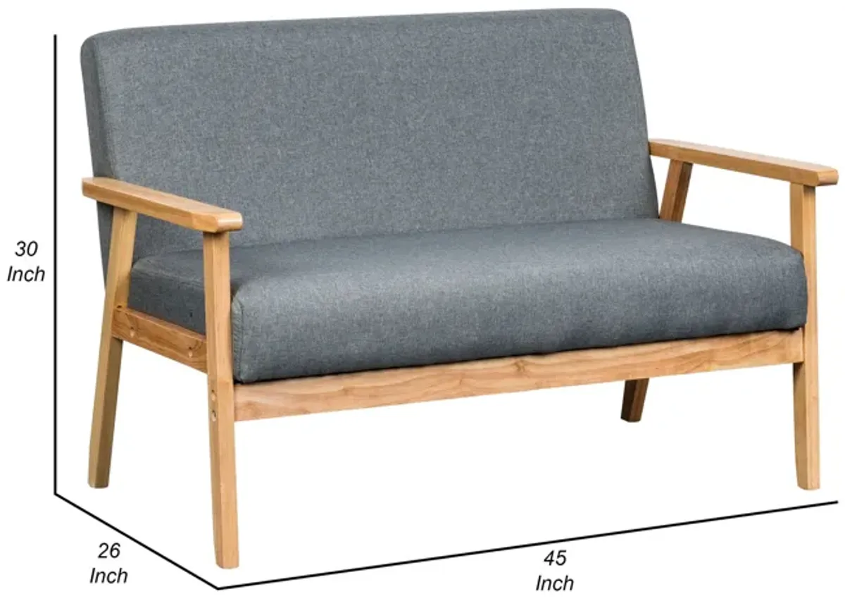 Gala 45 Inch Modern Loveseat Bench, Gray Fabric, Natural Brown Wood Frame-Benzara