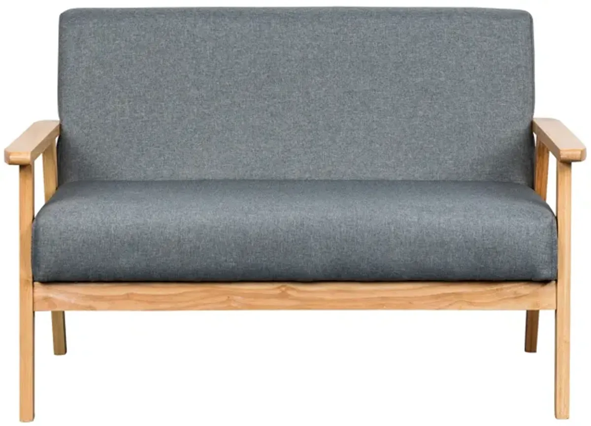 Gala 45 Inch Modern Loveseat Bench, Gray Fabric, Natural Brown Wood Frame-Benzara