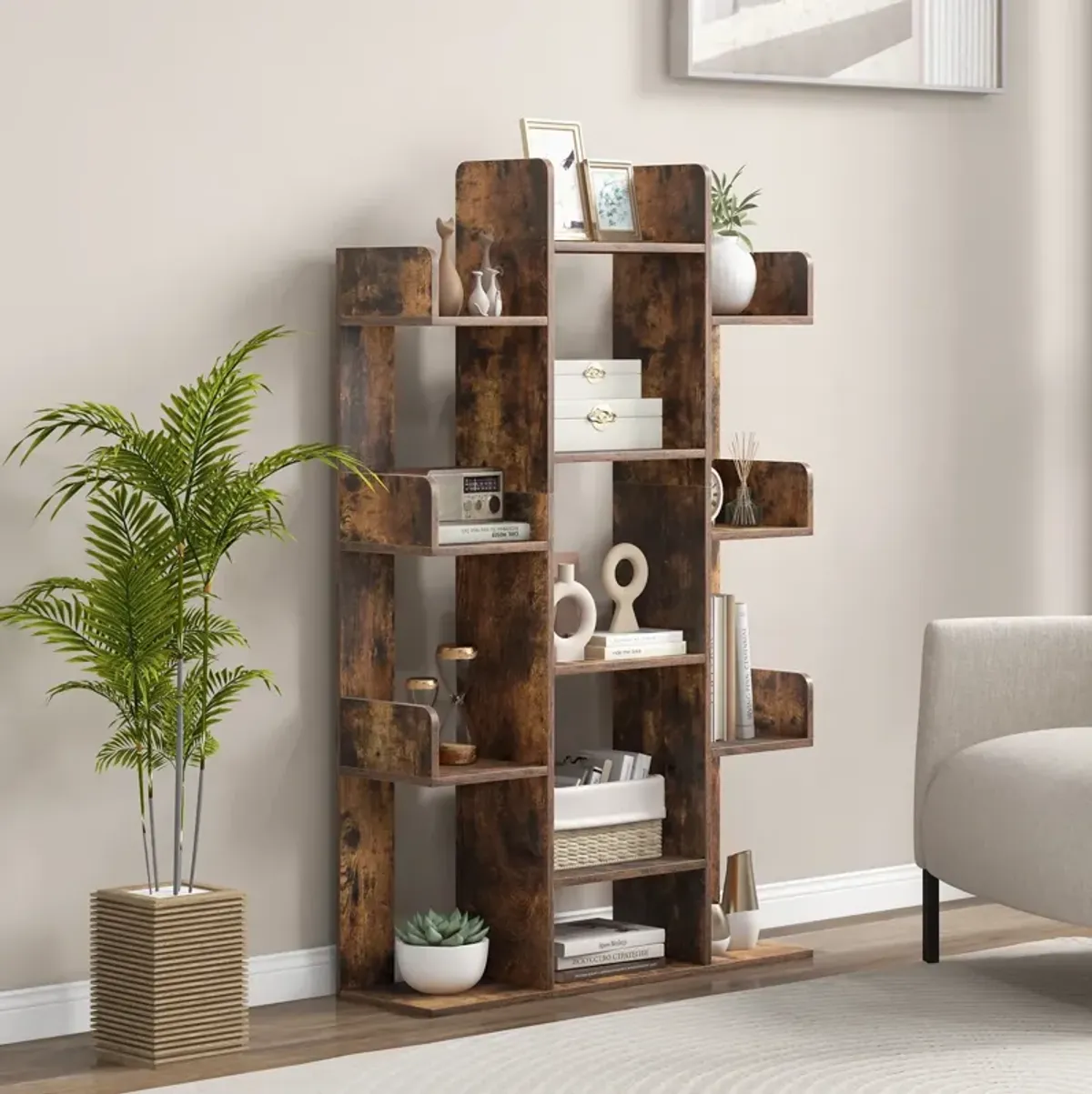 Tree-Shaped Bookshelf with 13 Compartments