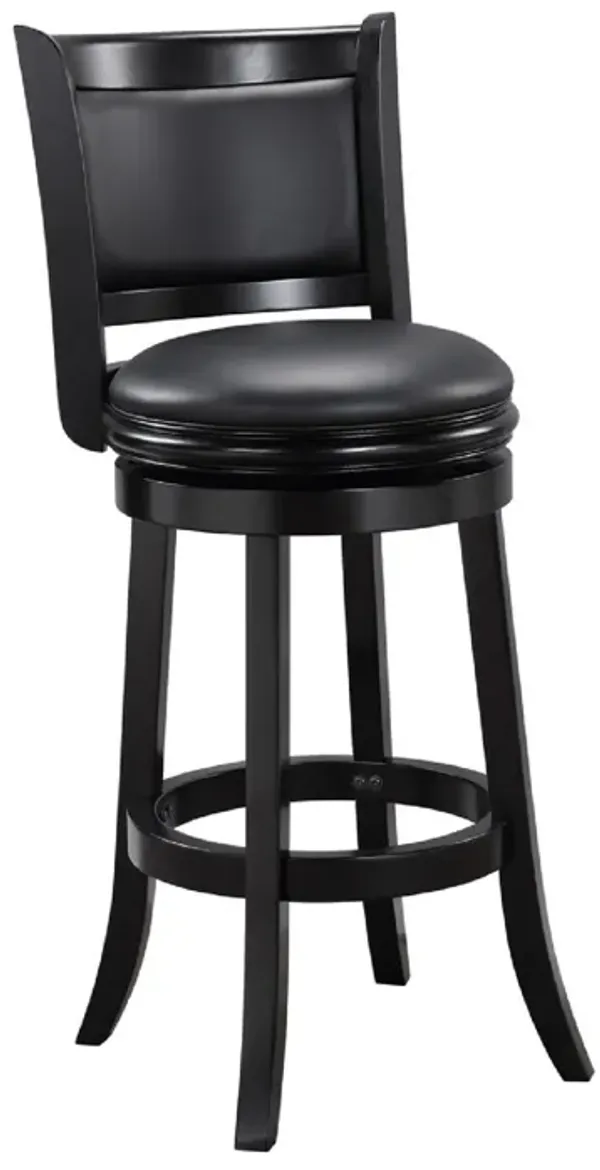 29 Inch Pio Solid Wood  Swivel Barstool, Vegan Faux Leather, Curved Backrest, Black-Benzara