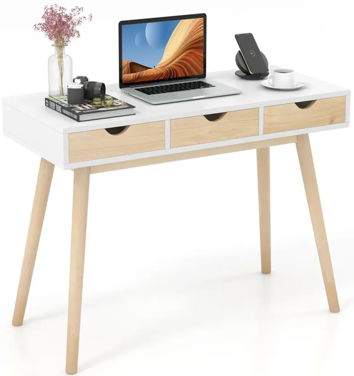 Computer Desk with 3 Drawers and Solid Rubber Wood Legs for Home Office