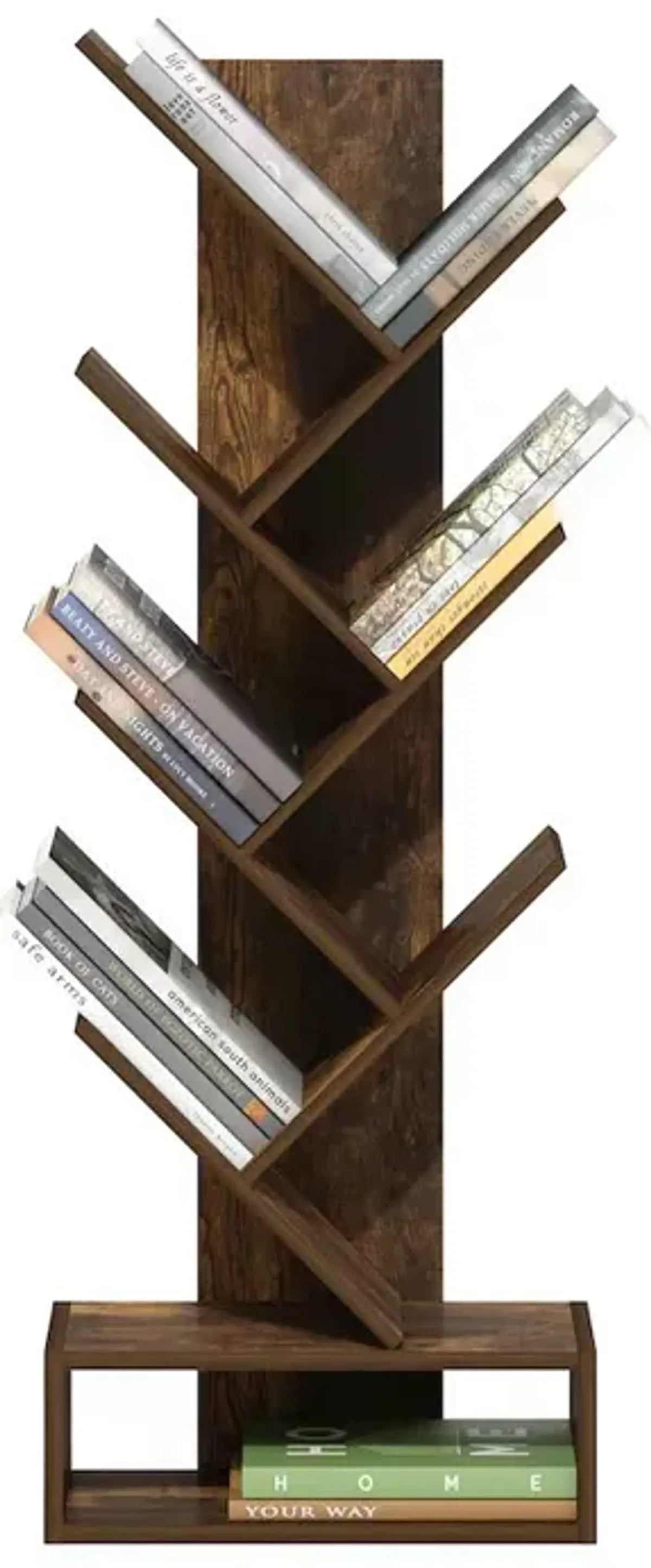 Tree Bookshelf 7-Tier Floor Standing Tree Bookcase with Bottom Shelf, Amber Pine