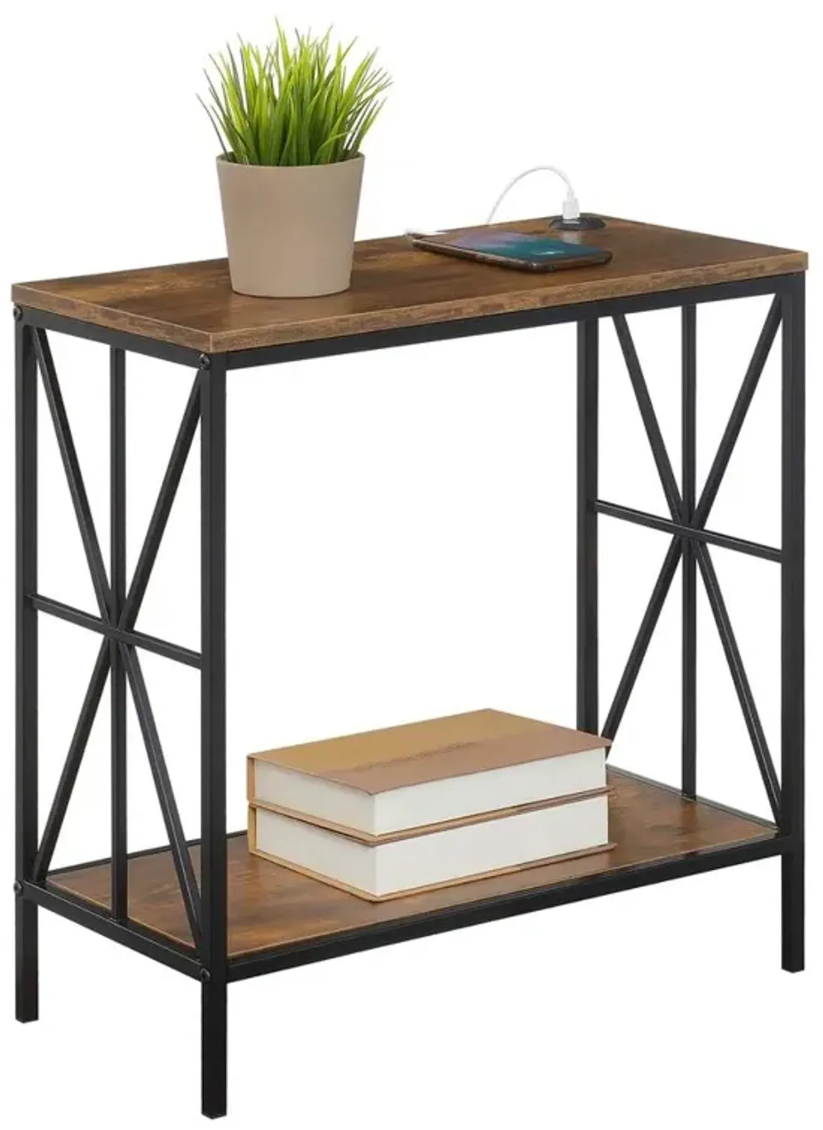 Convenience Concepts Tucson Starburst Chairside End Table with Charging Station and Shelf, Barnwood/Black