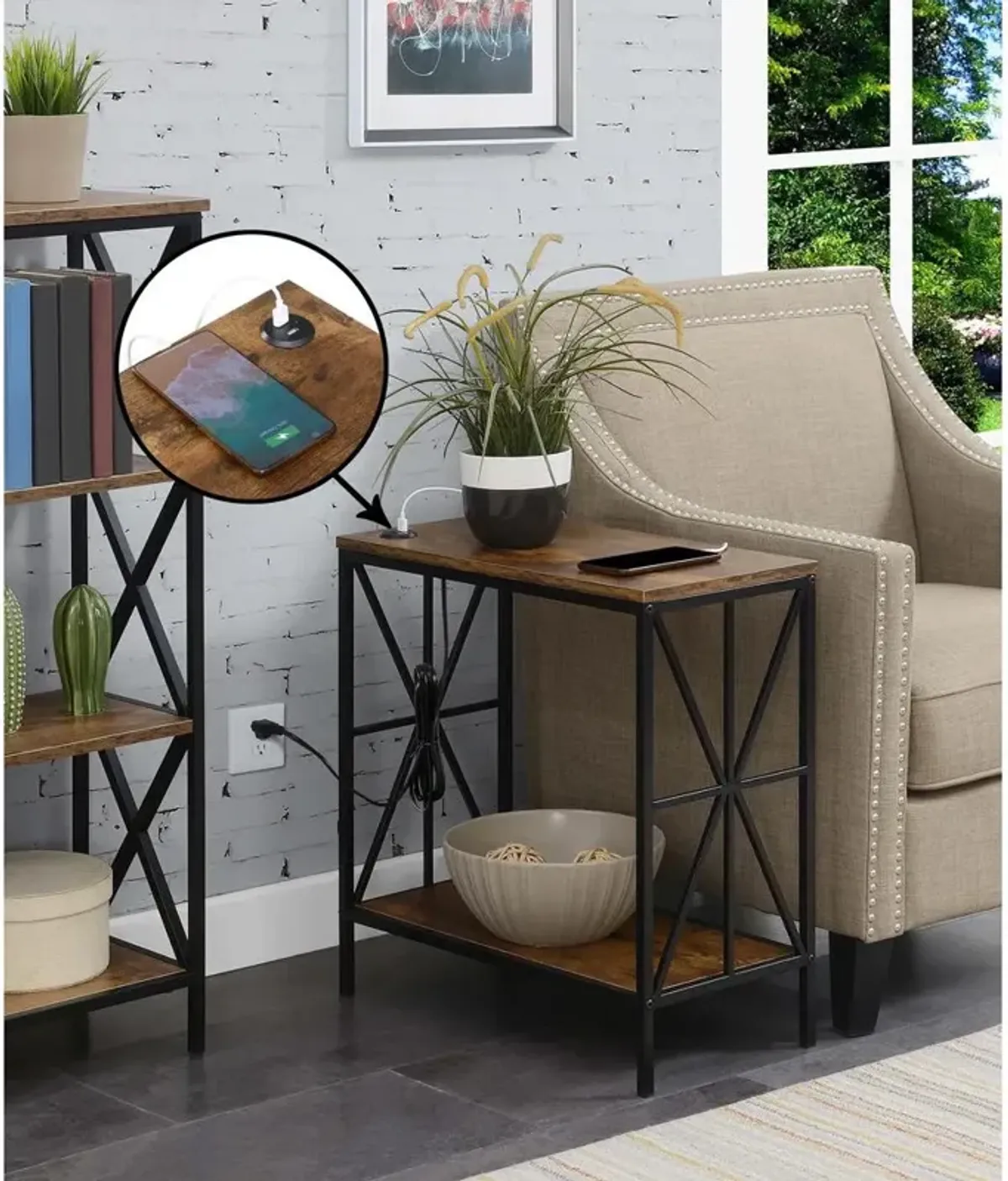 Convenience Concepts Tucson Starburst Chairside End Table with Charging Station and Shelf, Barnwood/Black