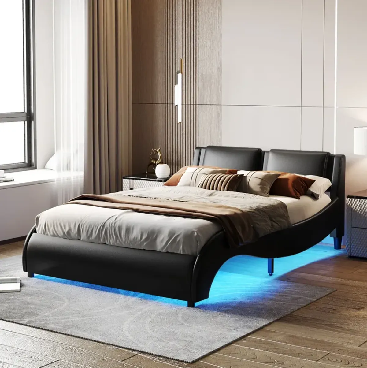 Queen Size Upholstered Faux Leather Platform Bed with LED Light Bed Frame with Slatted