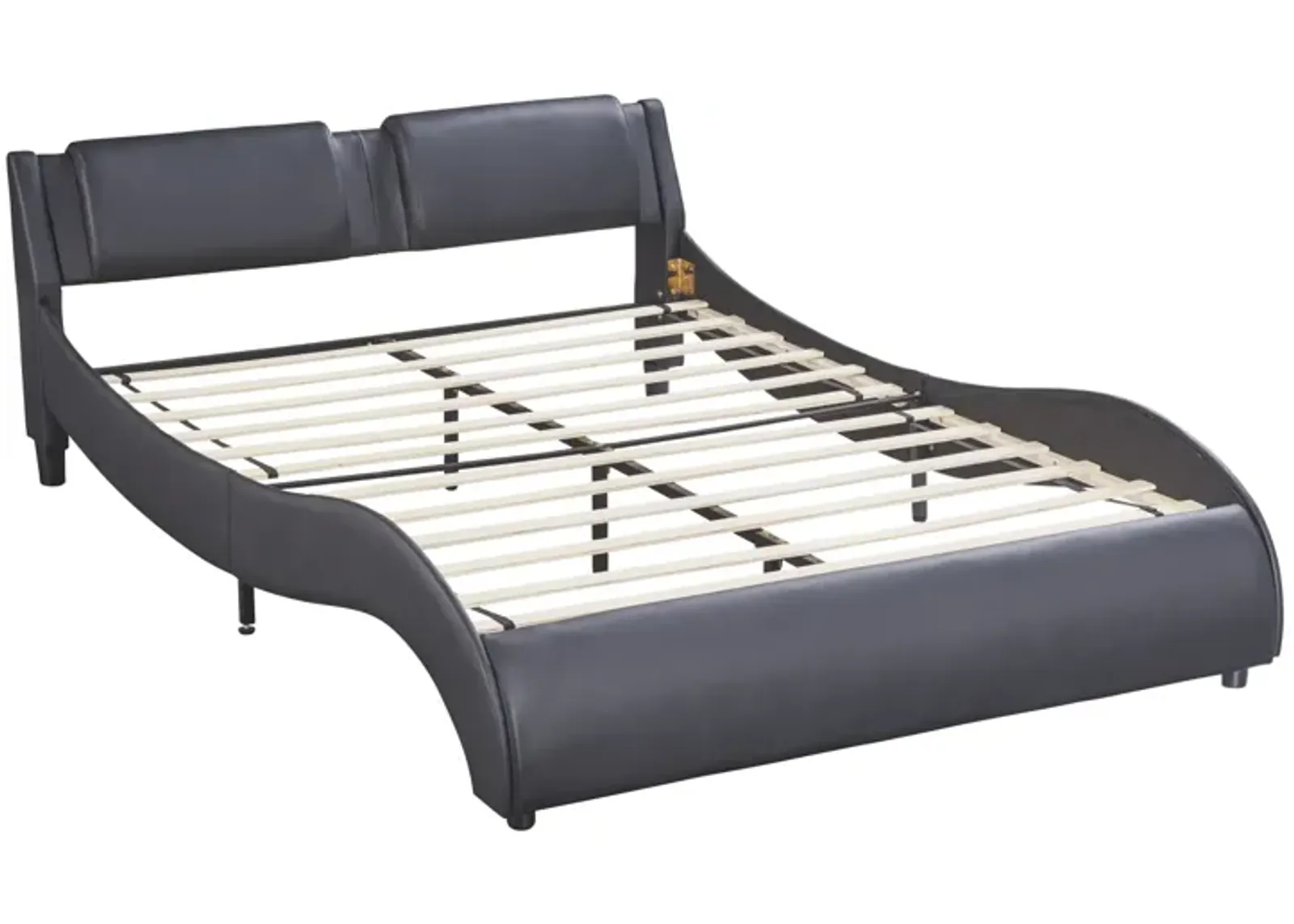 Queen Size Upholstered Faux Leather Platform Bed with LED Light Bed Frame with Slatted