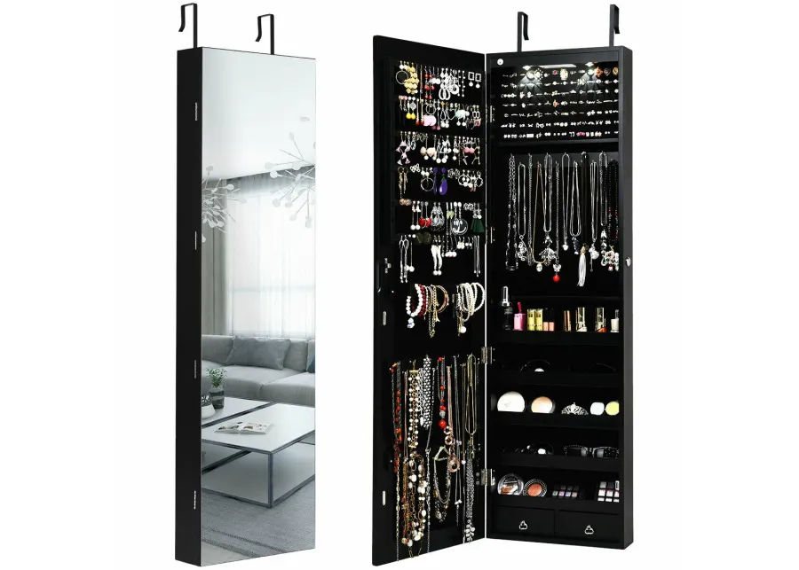 Wall and Door Mounted Mirrored Jewelry Cabinet with Lights