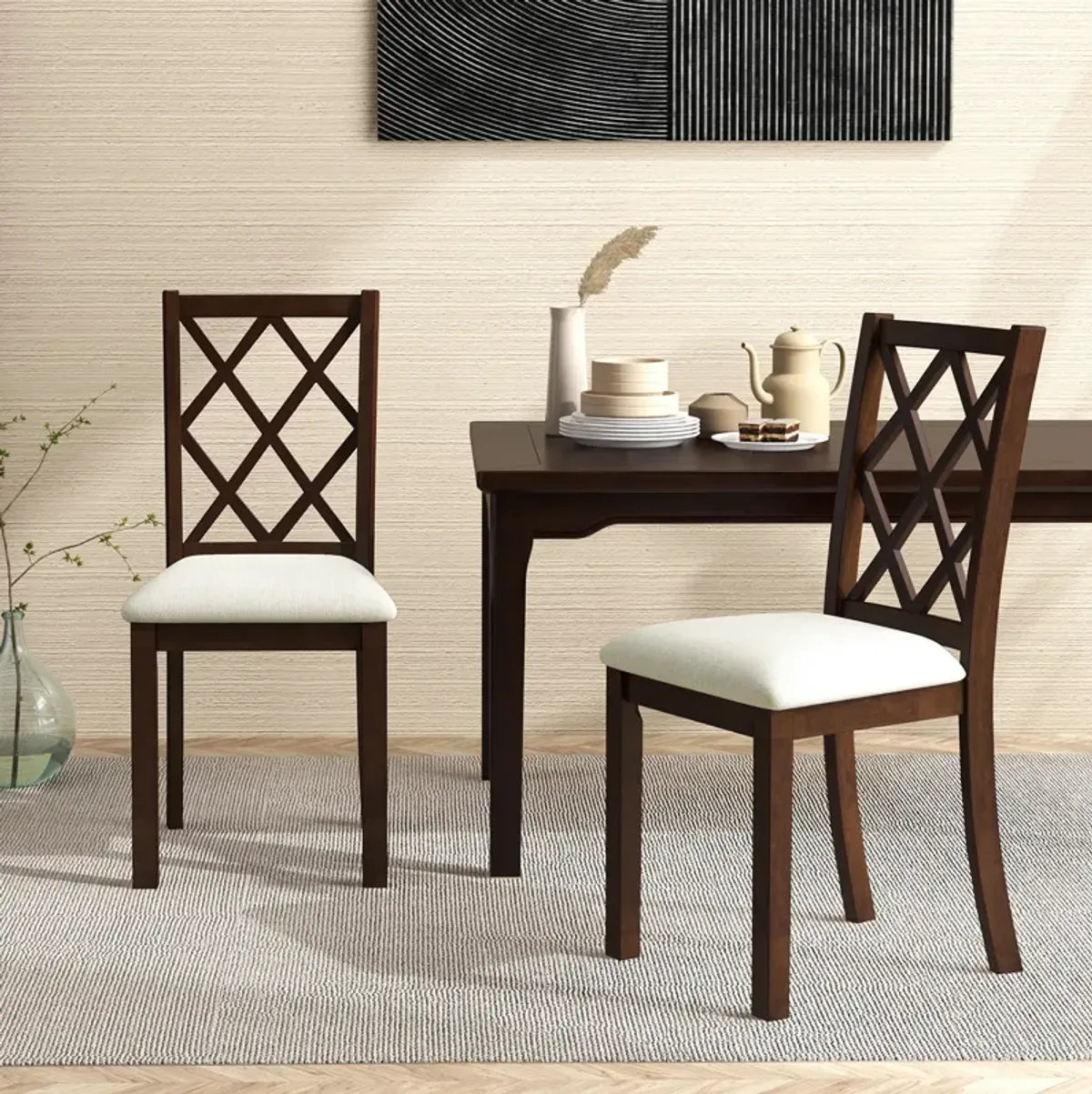 Dining Chair Set of 2 with Upholstered Seat Cushion and Rubber Wood Legs