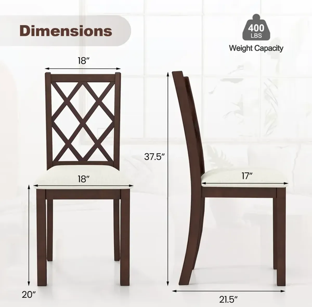 Dining Chair Set of 2 with Upholstered Seat Cushion and Rubber Wood Legs