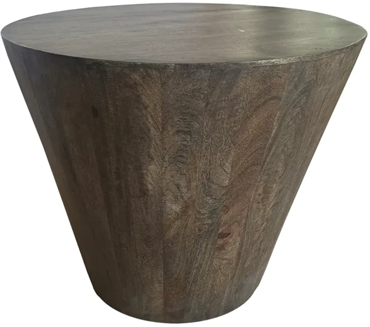 24 Inch Side End Table, Round Drum Shape, Handcrafted Distressed Gray Mango Wood