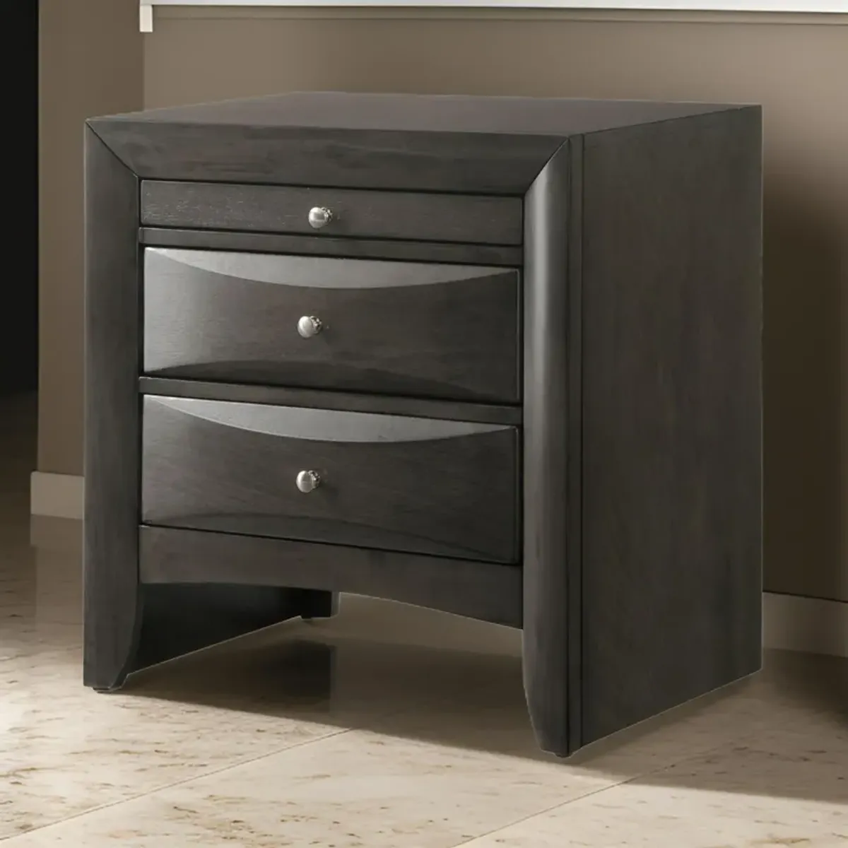 Wooden Nightstand with Bevel Drawer Front, Gray-Benzara