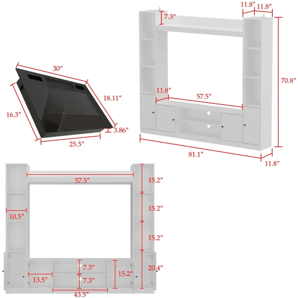 White Wood Entertainment Centers TV Stand Fits TV's up to 57 in. with Open Shelves, Door Cabinets