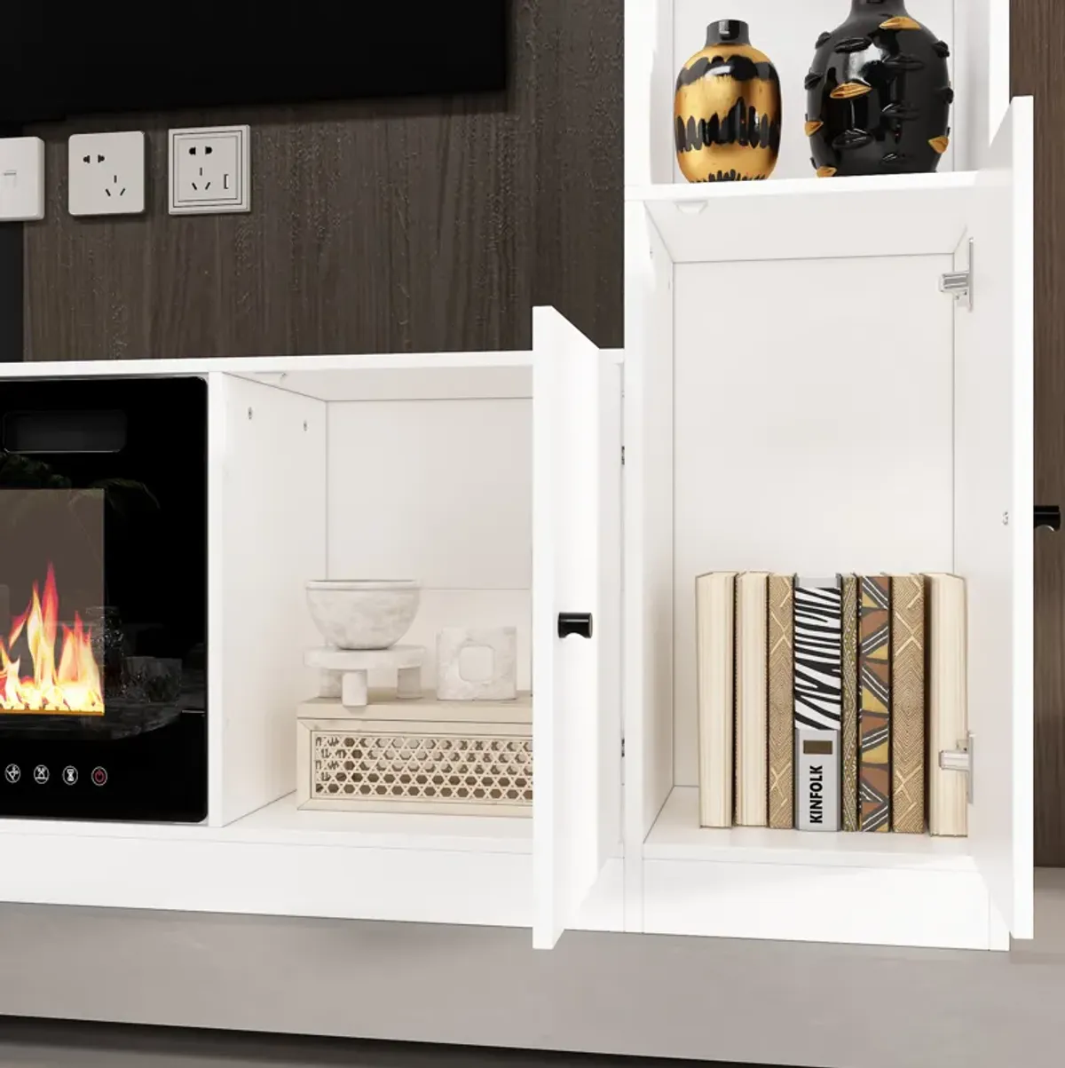 White Wood Entertainment Centers TV Stand Fits TV's up to 57 in. with Open Shelves, Door Cabinets