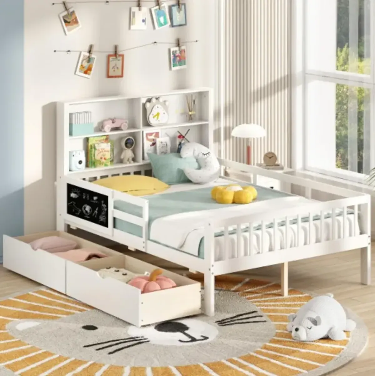 Kids Bed Frame with 2 Drawers and Bookcase Perfect for Boys and Girls' Bedrooms